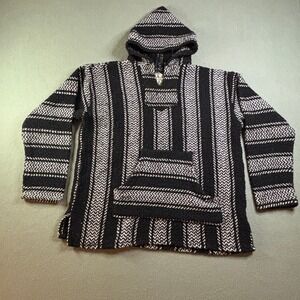 VTG Baja Joe Mexican Baja Drug Rug Hoodie Mens M Black White Striped Boho
